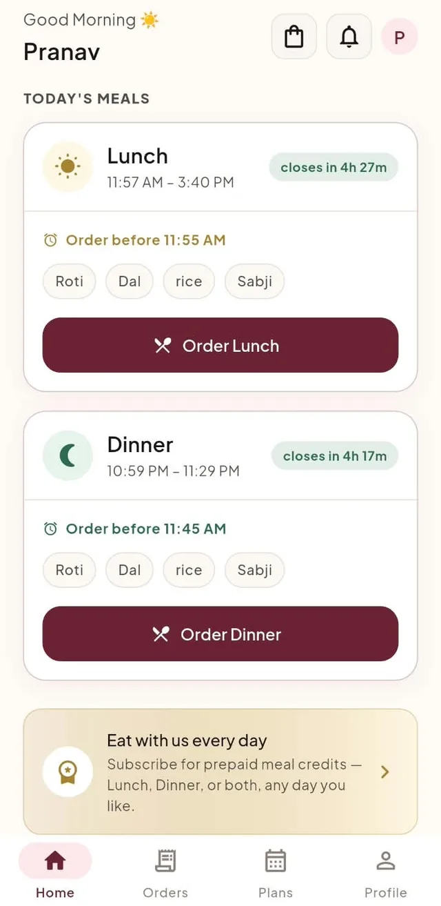 The Krishva's Kitchen app home screen showing today's lunch and dinner services