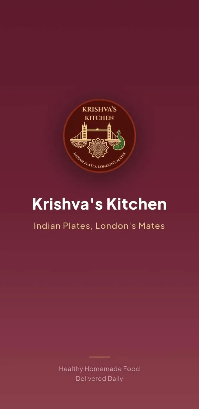 The Krishva's Kitchen app opening screen showing the logo and tagline