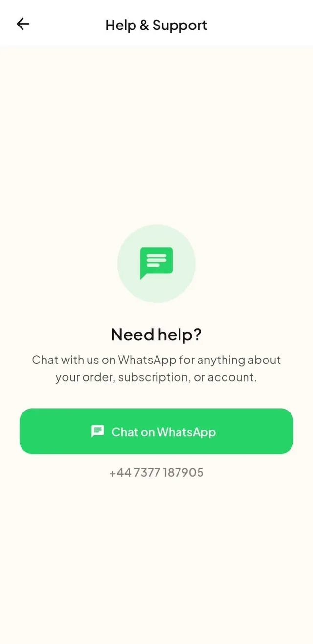 The app's help and support screen with a chat on WhatsApp button