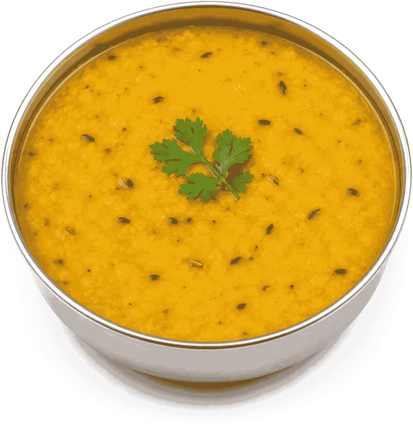 A steel bowl of dal topped with coriander