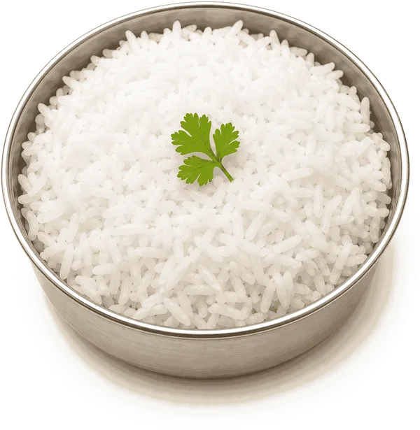 A steel bowl of steamed rice topped with coriander
