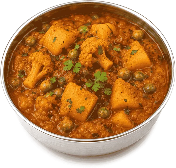 A steel bowl of vegetable sabji with potato, cauliflower and peas